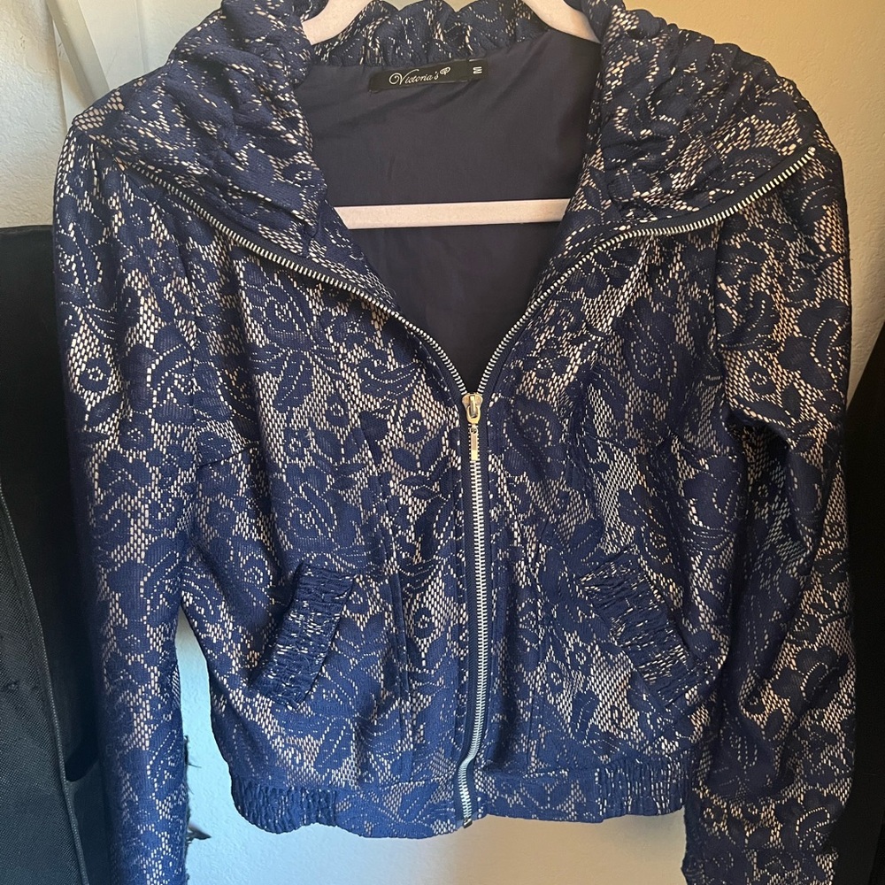 Venezia Navy Floral Lace Bomber Jacket